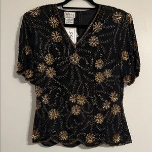 Stenay Vintage Deadstock Handmade Silk Gold Beaded Sequin Top Floral Blouse